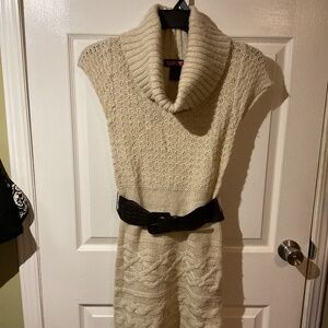 Vintage Say What Beige Knit Cowl Neck Sleeveless Sweater Dress